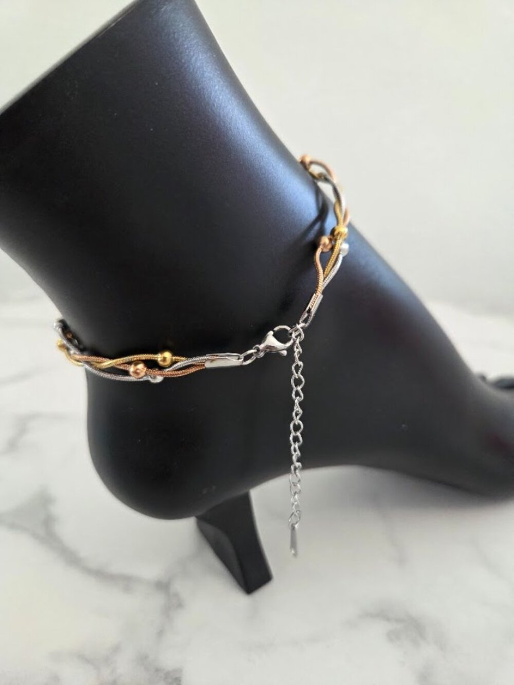 Tri-Tone Beaded Snake Chain Anklet Braided Gold Rose Gold Silver - Picture 6 of 12